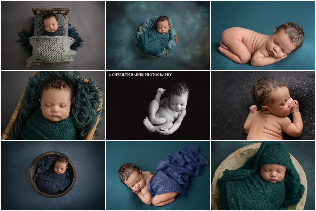 3 week old newborn baby boy was photographed at Cherilyn Haines Photography's Baton Rouge, Louisiana photography studio. His session was styled with deep hues of blues, teals, and grays. He also posed for some fine art black and white newborn portraits while he was sleeping. Cherilyn Haines is a fine art maternity, newborn, and baby photographer who services Denham Springs, Baton Rouge, Hammond, New Orleans, Lafayette, Lake Charles, and Gonzales, Louisiana.