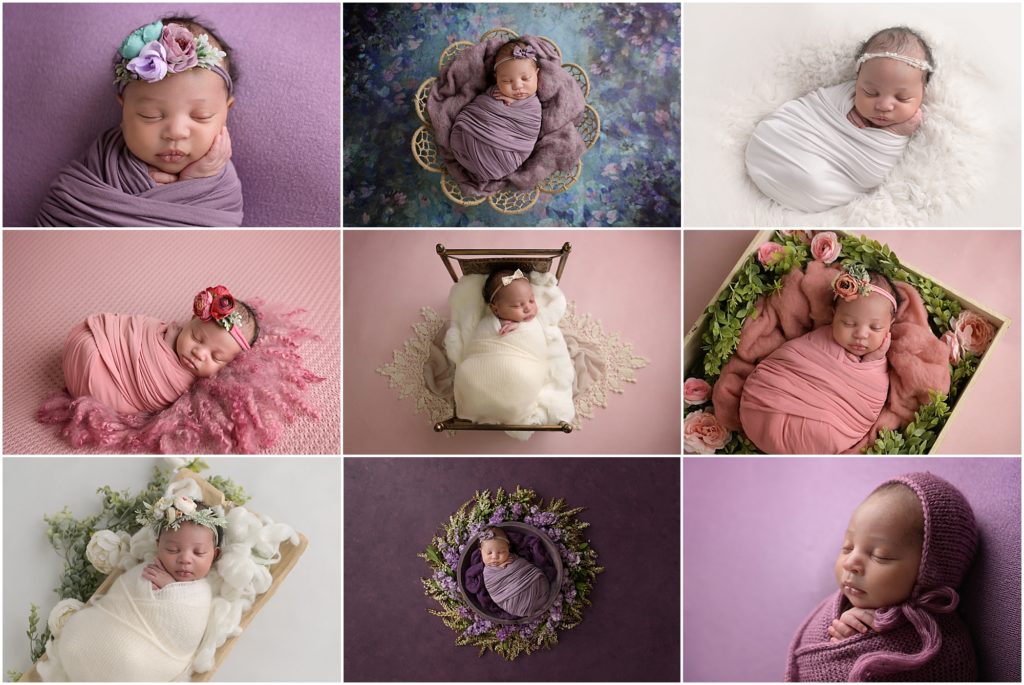 15 day old newborn baby girl is photographed at Cherilyn Haines Photography's studio in Baton Rouge, Louisiana. She is sleeping swaddled in purple, pink, and white while laying in an antique doll bed, a floral basket, and surrounded by flowers.