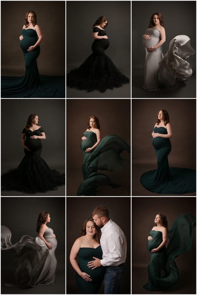 Fine art maternity session photographed by Cherilyn Haines Photography in Baton Rouge, Louisiana. This beautiful mama to be was photographed in a black off the shoulder gown with a tulle skirt, an emerald green fitted sweetheart neckline gown, and tossing fabrics in emerald green and dark silver. Cherilyn photographs maternity clients from Baton Rouge, New Orleans, Hammond, New Orleans, Lafayette, and Lake Charles, Louisiana, as well as Houston, Texas. 