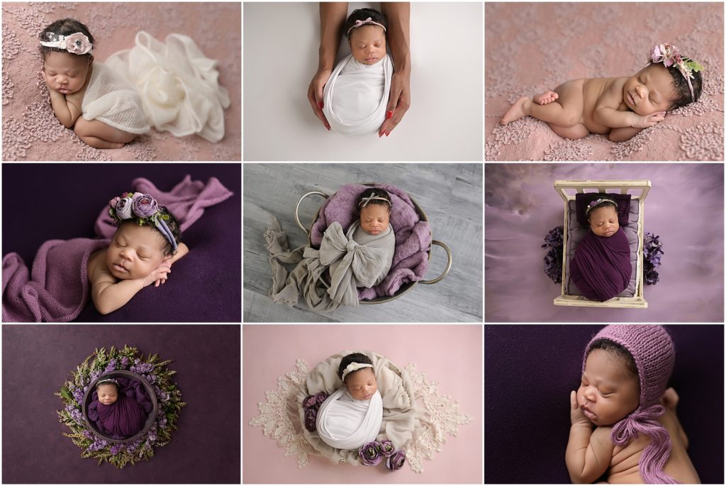 19 day old newborn baby girl is photographed at Cherilyn Haines Photography's Baton Rouge, Louisiana studio. She was photographed posed sleeping on a deep purple blanket as well as a rose colored lace fabric. She was also photographed swaddled in multiple props with bows and lace accents. 