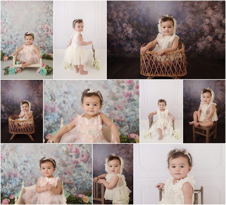 1 year old baby girl is photographed by Cherilyn Haines Photography at her studio in Baton Rouge, Louisiana. This baby girl was photographed wearing an ivory lace romper and bonnet set while sitting in a wicker crib on a floral backdrop. She also wore a butterfly themed dress for a"secret garden" themed setup. Cherilyn photographs newborns and babies in the Baton Rouge and surrounding areas. 