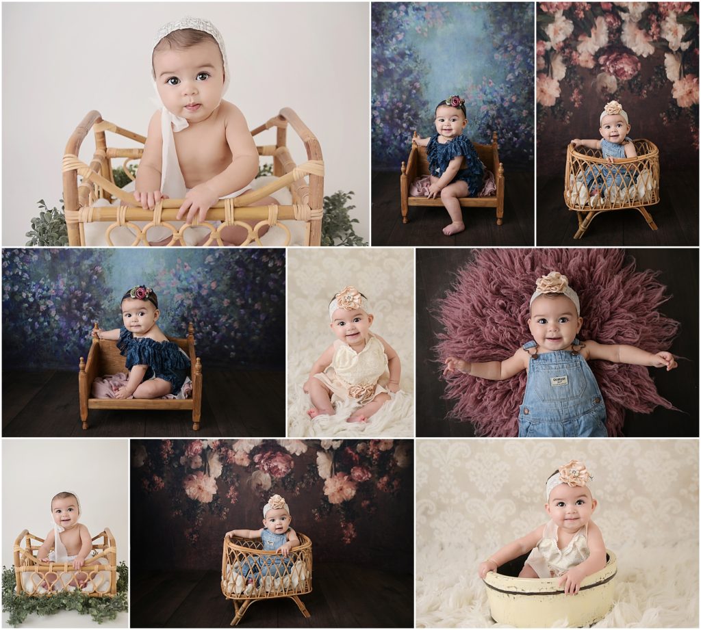 7 month old baby girl is photographed at Cherilyn Haines Photography's studio in Baton Rouge, Louisiana. She is photographed sitting in a bamboo basket wearing a white diaper cover and a white lace bonnet. She is also photographed in front of different floral backdrops. Cherilyn photographed her as a newborn and will also get to photograph her again as a 1 year old.