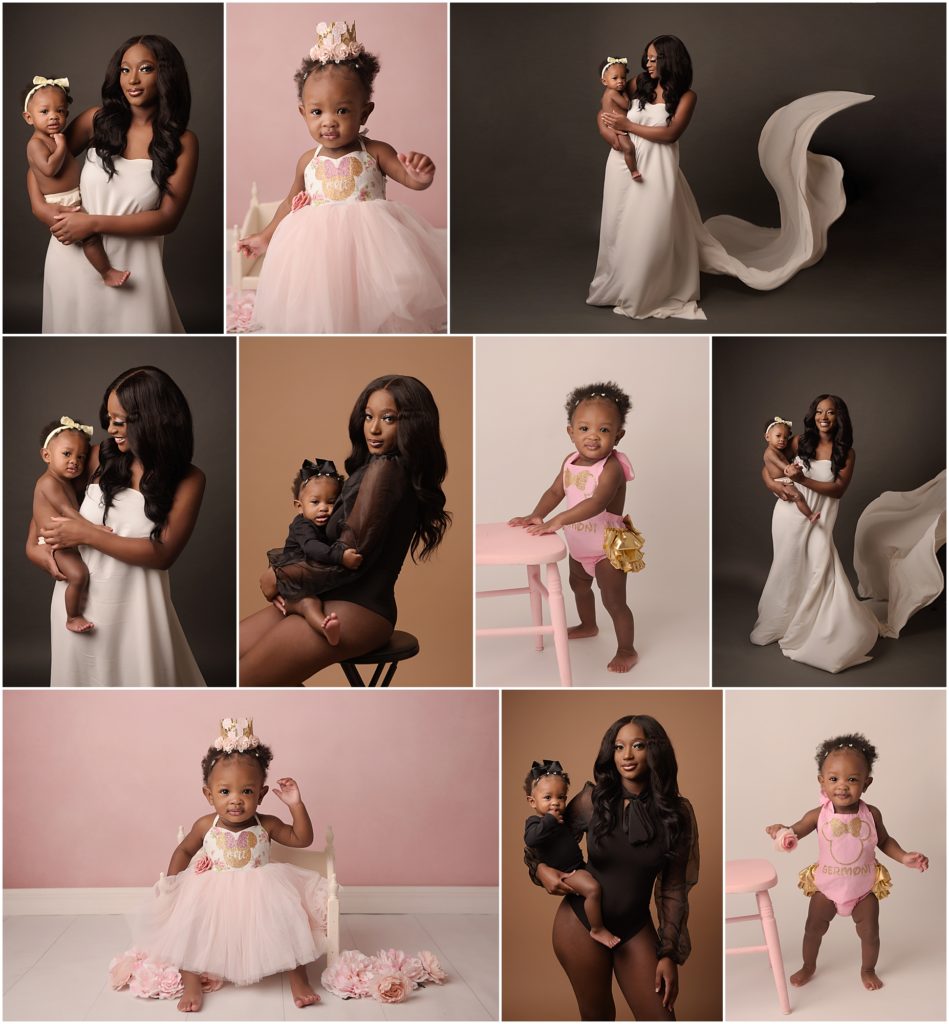 1 year old portrait session with Cherilyn Haines Photography. Baby girl wore two pink and gold outfits to celebrate during her first birthday portraits. This was also a mommy and me portrait session. One look mama wore a black long sleeve body suit and baby girl wore a black onesie. The other mommy & me setup was styled with the baby in a white diaper cover and mama in one of Cherilyn's white silk tossing fabrics. Cherilyn Haines Photography specializes in fine art maternity, newborn, and baby photography in the Baton Rouge and surrounding areas.