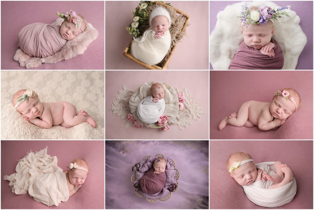 two week old newborn baby girl is photographed by Cherilyn Haines Photography at her Baton Rouge, Louisiana studio. She was photographed sleeping posed on rose pink fabric and ivory lace fabric. She was also photographed swaddled in pinks, purples, and whites with floral accents. Cherilyn Haines Photography is a fine art maternity, newborn, and baby photographer who services clients in Baton Rouge, Denham Springs, Hammond, Metairie, Lake Charles, New Orleans, and Lafayette, Louisiana.