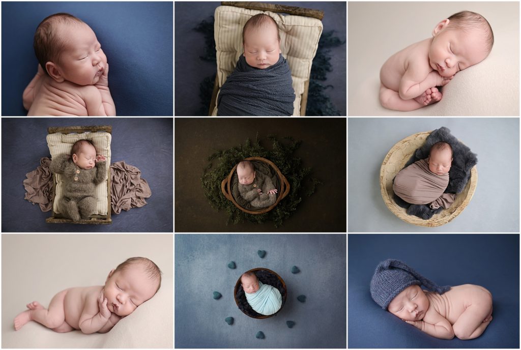 three week old newborn baby boy has his newborn session with Cherilyn Haines Photography. His session is styled with blues and browns and he is posed sleeping on different color blankets as well as swaddled in props and wearing a fuzzy brown pair of footed pajamas. Cherilyn photographs newborns in Baton Rouge, Denham Springs, Hammond, Metairie, New Orleans, Lake Charles, and Lafayette, Louisiana.