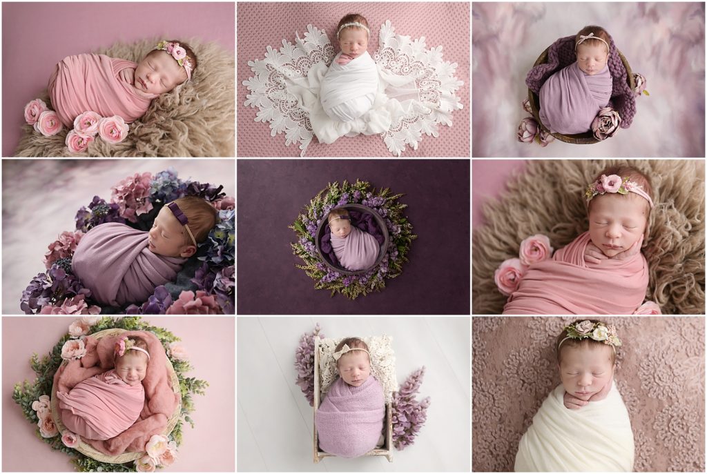 9 day old newborn baby girl is photographed by cherilyn haines photography at her Baton Rouge, Louisiana photography studio. Her girly newborn session was styled with pinks, purples, florals, and lace accents.