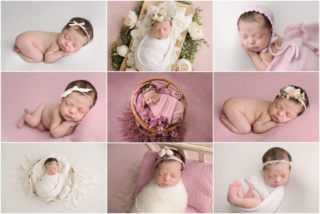 pink and white themed newborn portrait session photographed by cherilyn haines photography. This two week old baby girl was photographed sleeping posed on white and pink blankets. She was also photographed swaddled in a tiny bed, in a miniature papasan chair, and in a white bowl with floral and lace accents. Cherilyn Haines Photography specializes in fine art maternity, newborn, and baby sessions in the Baton Rouge, LA area. 