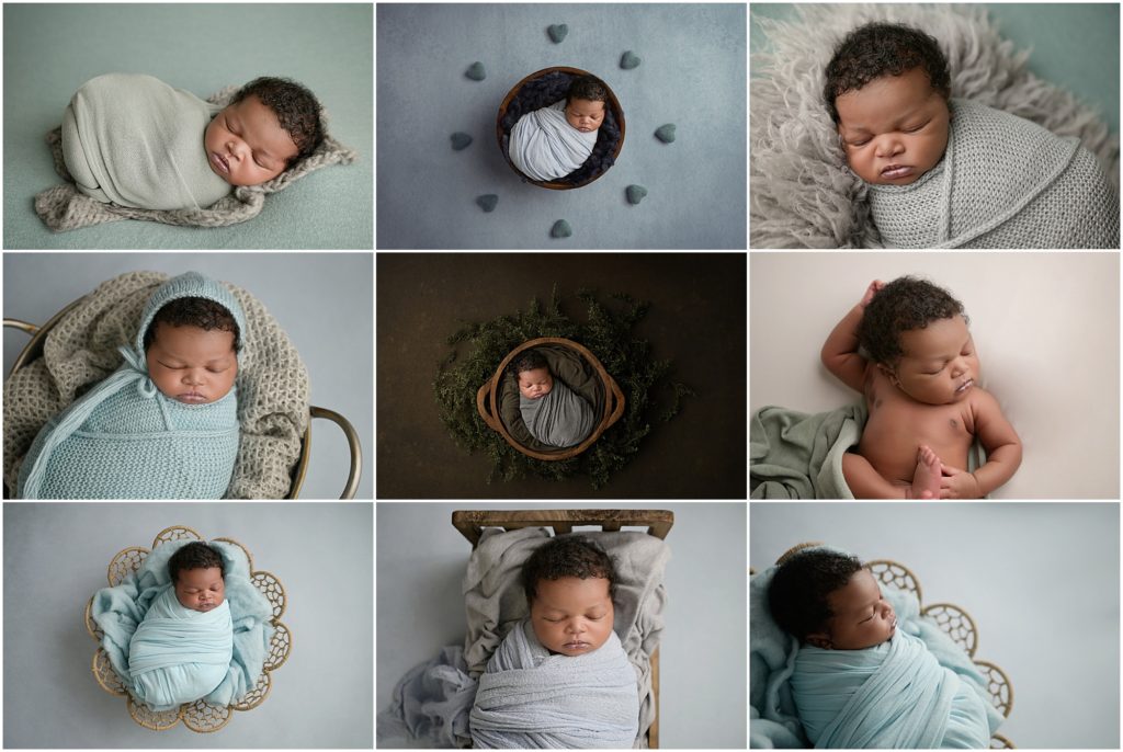 11 day old chunky newborn baby boy is photographed by cherilyn haines photography for his newborn session in Baton rouge, Louisiana. He is photographed sleeping swaddled in green, baby blue, and light gray swaddles. 