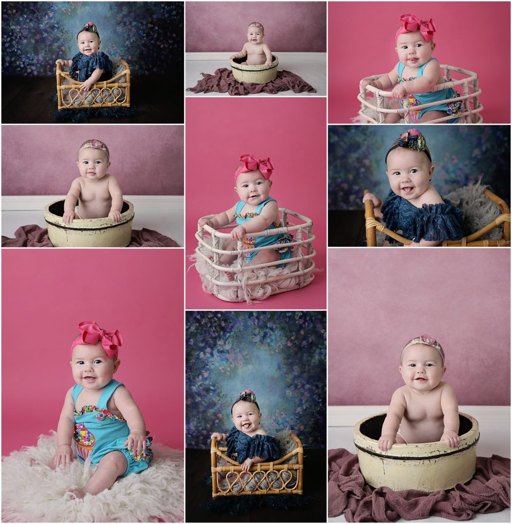 6 month old baby girl is photographed at Cherilyn Haines Photography's studio in Baton Rouge, Louisiana. She was photographed as a newborn and will also be photographed for her 1 year portraits. 