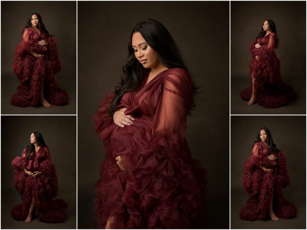 pregnant mama-to-be is photographed by cherilyn haines photography at her baton rouge, louisiana photography studio. She is wearing a burgundy tulle robe to show off her round belly for her maternity session.