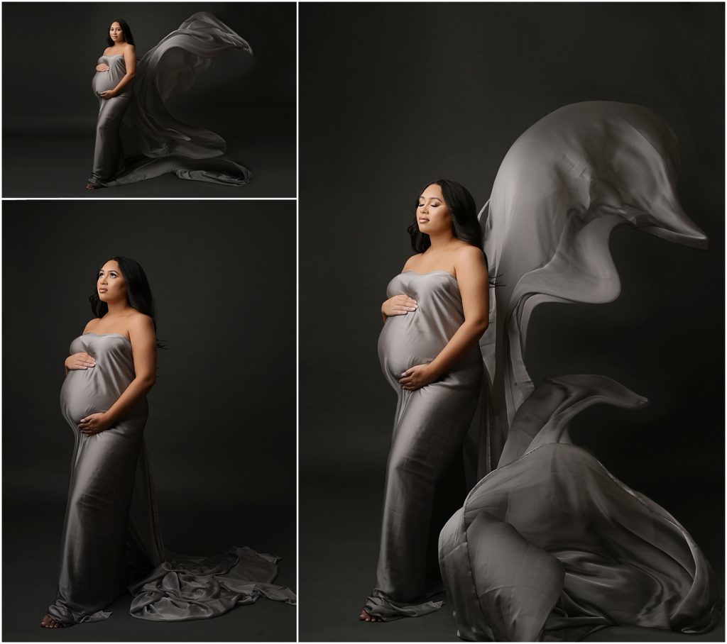 Cherilyn Haines photographed this gorgeous pregnant mama at her studio in Baton Rouge, Louisiana. She was styled with a light silver silk sating tossing fabric and was posed in front of a gray backdrop. Cherilyn is a fine art maternity, newborn, and baby photographer and services clients in Denham springs, Hammond, New Orleans, Metairie, Lake Charles, and Lafayette, Louisiana as well as Houston, Texas.