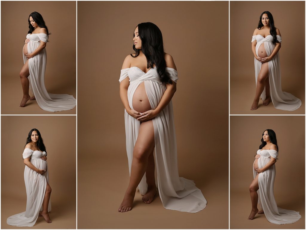 Fine art maternity portrait session in Baton Rouge, Louisiana with Cherilyn Haines Photography. This pregnant mom was photographed on a tan backdrop while wearing an ivory off-the-shoulder maternity gown with an open from to show off her growing belly. 