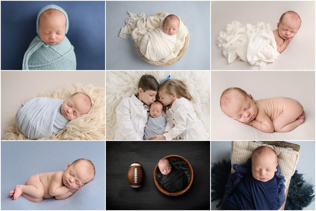 two week old newborn baby boy is photographed at his newborn session with Cherilyn Haines Photography. Cherilyn's photography studio is located in Baton Rouge, Louisiana and she has clients from Denham Springs, Hammond, Metairie, New Orleans, Lake Charles, and Lafayette hire her. This baby boy was photographed posed sleeping as well as swaddled on different props. He was also photographed next to a football.