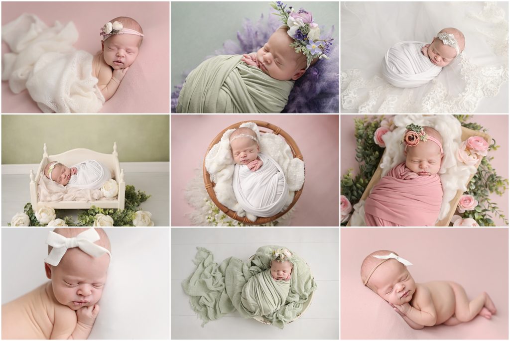 beautiful 8 day old newborn baby girl is photographed at Cherilyn Haines Photography's studio in Baton Rouge, Louisiana. This newborn session was styled with pink, sage green, and white and included floral headbands, a wedding veil, and all other girly accents. Cherilyn is a fine art maternity, newborn, and baby photographer who services all areas of Louisiana and Southeast Texas.