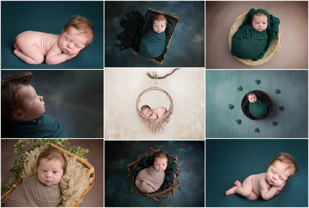 Cherilyn Haines photographed this 12 day old newborn baby boy at her studio in Baton Rouge, Louisiana. His session was styled around deep teal, emerald green, and shades of brown. He was photographed both awake and sleeping posed on blankets. Cherilyn photographs newborns from Baton Rouge, New Orleans, Hammond, Lake Charles, and Lafayette, Louisiana as well as Houston, Texas.
