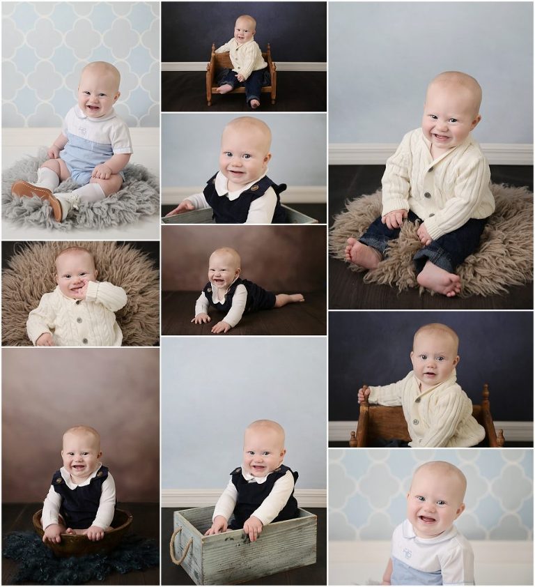 6 month old baby boy is photographed at cherilyn haines photography's studio in baton rouge, louisiana. he was photographed on brown and blue classic backdrops.