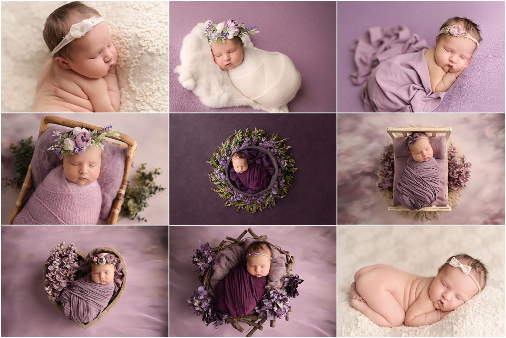 8 day old newborn baby girl session styled with different shades of purples. Cherilyn Haines photographed this newborn baby at her studio in Baton Rouge, Louisiana. The session included lots of floral accents, lace fabrics, soft knits, and floral headbands.