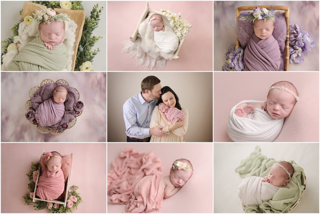Cherilyn Haines photographed this 12 day old newborn baby girl at her Baton Rouge, Louisiana studio. She was photographed swaddled in pink, purple, white, and sage green and was posed sleeping in a tiny doll bed, a wicker dreamcatcher basket, and a wooden box.