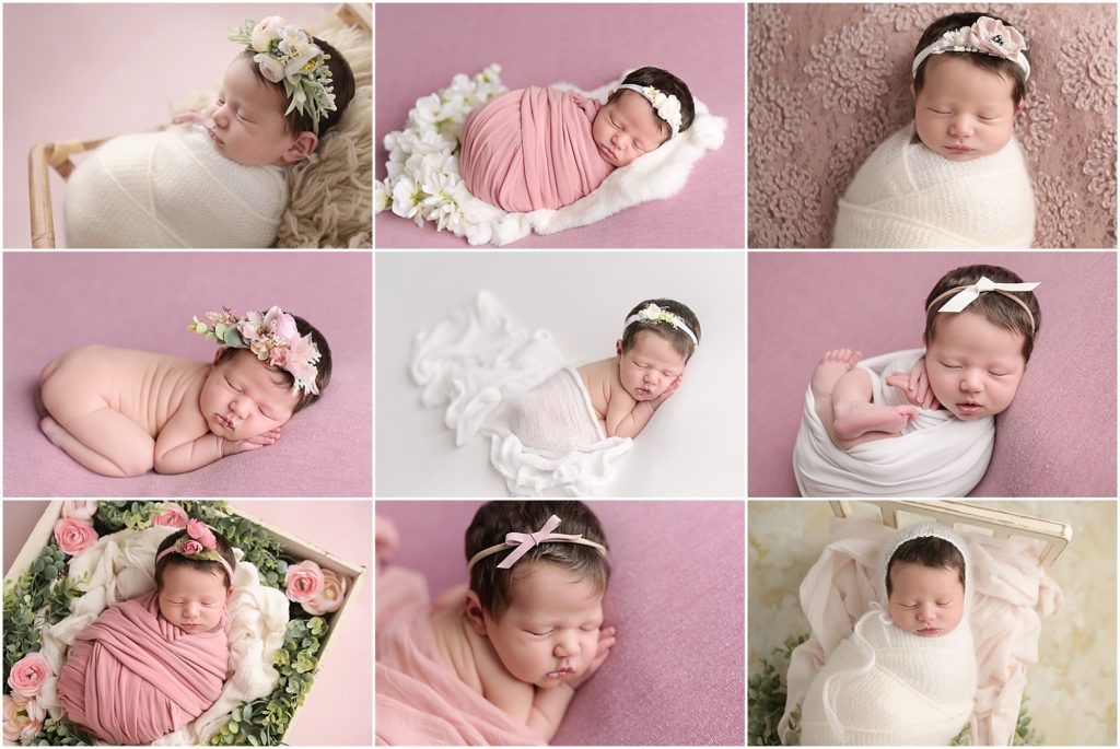 11 day old newborn baby girl with a head full of dark hair is photographed at Cherilyn Haines Photography's studio in Baton Rouge, Louisiana. Her session is styled with whites and different shades of pinks. Cherilyn is a fine art maternity, newborn, and baby photographer who services clients from Baton Rouge, Denham Springs, Hammond, Metairie, New Orleans, Lake Charles, and Lafayette, Louisiana.