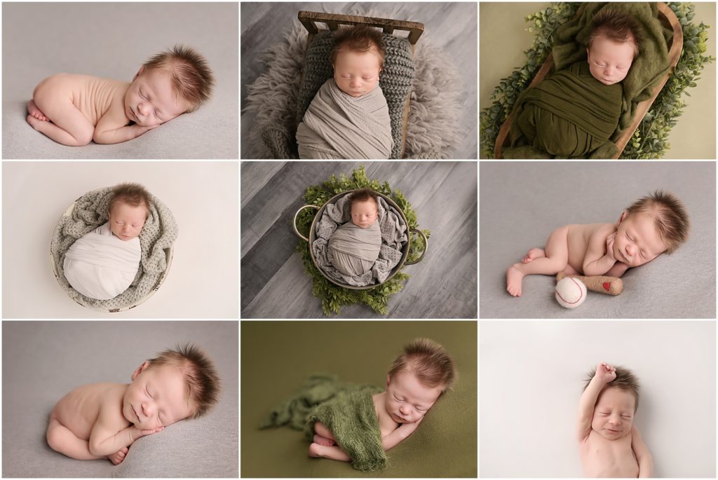 two week old newborn baby boy is photographed sleeping by cherilyn haines photography. his session is styled with white, gray, and green and has an added baseball theme. 