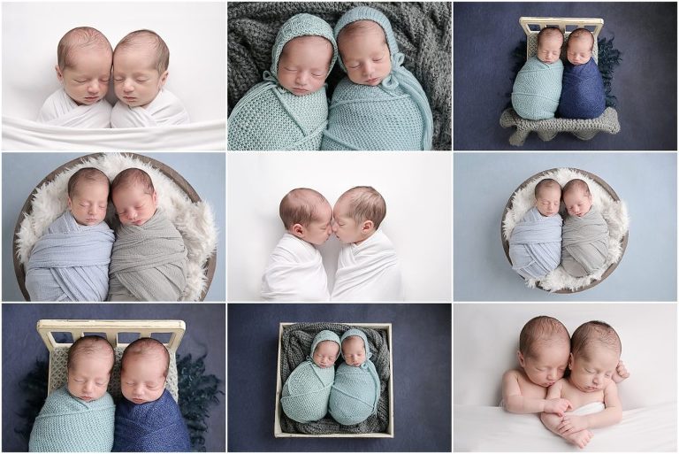 2 week old newborn twin boys are photographed at Cherilyn Haines Photography's studio in Baton Rouge, Louisiana. These twins were photographed sleeping while swaddled in white swaddles and swaddles in different shades of blue. Cherilyn Haines Photography is a fine art maternity, newborn, and baby photographer who services clients from Denham Springs, Baton Rouge, Hammond, New Orleans, Gonzales, Lake Charles, and Lafayette, Louisiana as well as Houston, Texas. 