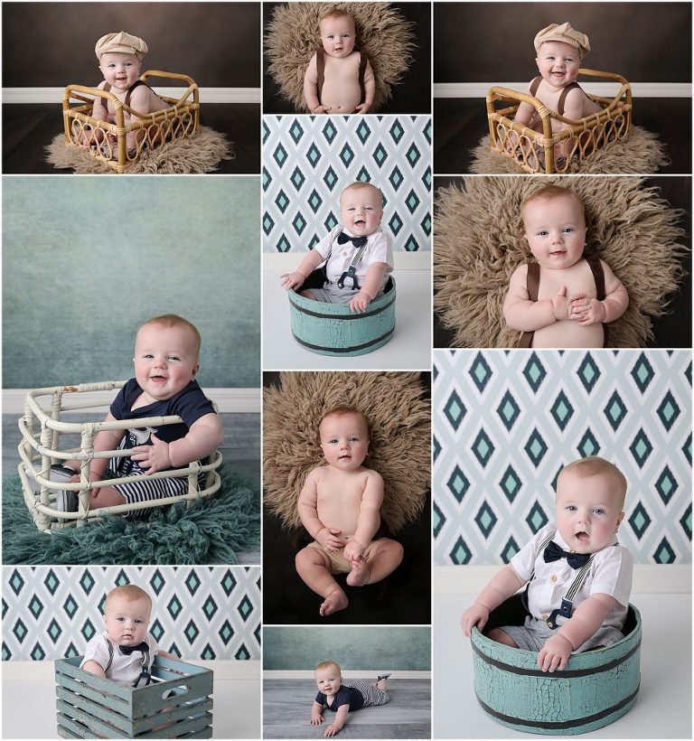 6 month studio portrait session with Cherilyn Haines Photography in Baton Rouge, Louisiana. This baby boy was photographed wearing suspenders and a hat and photographed smiling and laying on a fuzzy tan rug.