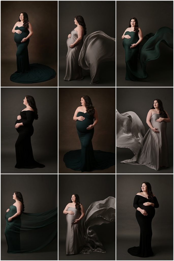 Gorgeous pregnant mama is photographed at Cherilyn Haines Photography's studio in Baton Rouge, Louisiana. She is photographed wearing a strapless emerald green maternity gown, a black sweetheart neck maternity gown, an emerald green tossing fabric, and a silver silk tossing fabric. Cherilyn Haines Photography is a fine art maternity, newborn, and baby photographer servicing Baton Rouge, Denham Springs, Hammond, Metairie, New Orleans, Lake Charles, and Lafayette, LA.