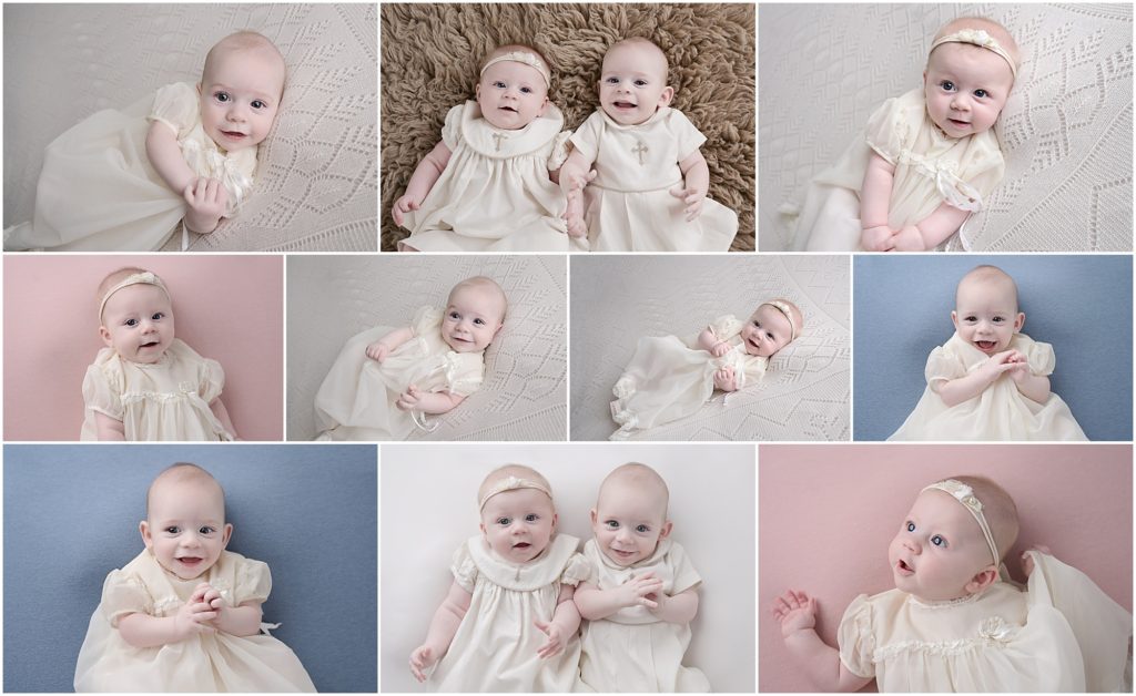5 month old twin brother and sister are photographed in their baptism gowns; Cherilyn Haines Photography in Baton Rouge, Louisiana photographs newborns and babies up to a year old at her studio.