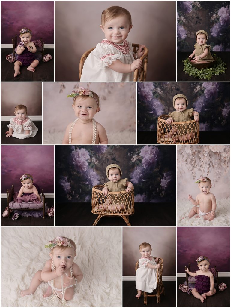 7 month portraits with Cherilyn Haines Photography in Baton Rouge, Louisiana. This baby girl was photographed as a newborn and now as a sitter. She is photographed on a purple floral backdrop sitting in a bamboo basket with a knit bonnet. She is also photographed in a classic white dress on a formal brown backdrop.