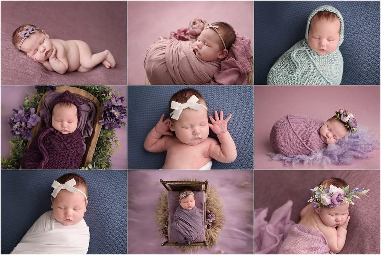 1 month old newborn baby girl is photographed by cherilyn haines photography at her studio in baton rouge, louisiana. She is photographed sleeping posed on purple and blue blankets. She is also photographed wearing purple and aqua bonnets and swaddled while wearing floral crowns.