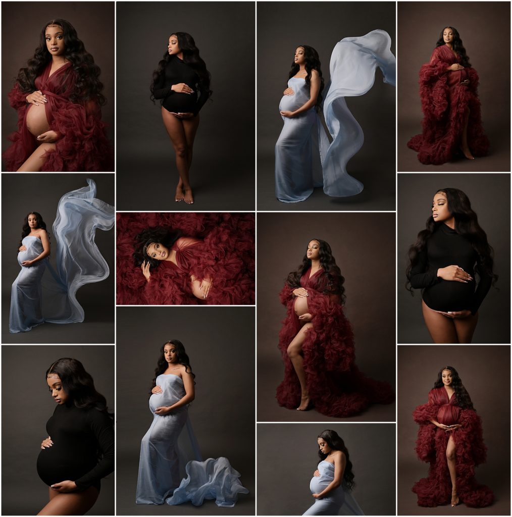Fine Art Maternity Portrait Session in Baton Rouge, Louisiana with Cherilyn Haines Photography; pregnant mama was photographed wearing a deep red tulle robe as well as a light blue silk satin tossing fabric; Cherilyn is a maternity, newborn, and baby photographer in the Baton Rouge, Louisiana and surround areas.