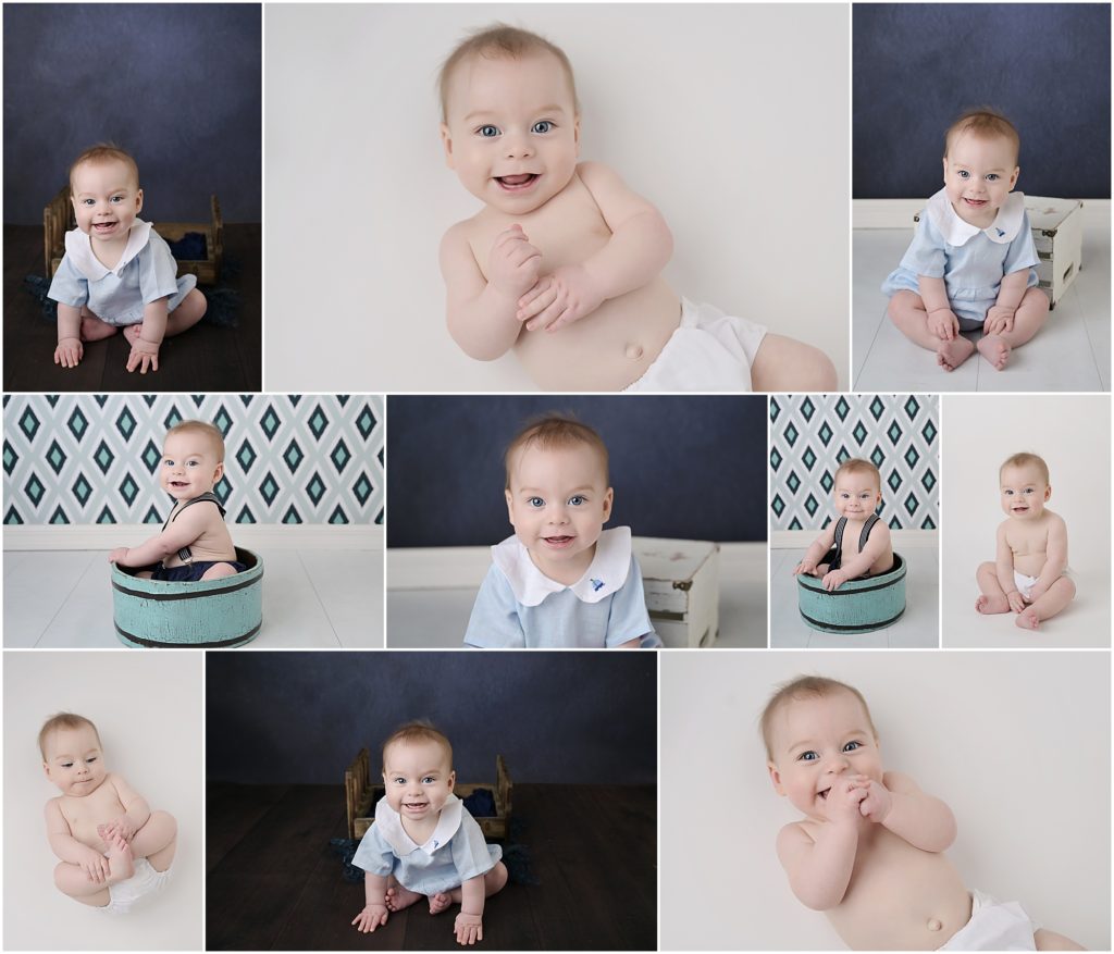 7 month old baby boy is photographed by Cherilyn Haines Photography at her studio in Baton Rouge, Louisiana. He is photographed in front of a dark blue backdrop as well as a teal and gray patterned backdrop. He is also photographed in a white diaper cover playing with his toes.