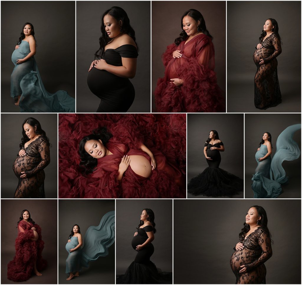 Fine art maternity portraits photographed by Cherilyn Haines Photography at her studio in Baton Rouge, Louisiana. Pregnant mama is photographed wearing a black off the shoulder tulle mermaid maternity gown. She is also wearing a sexy fitted long sleeve black lace gown. The mama-to-be did one last look with a dramatic smoky blue satin tossing flow fabric look. 