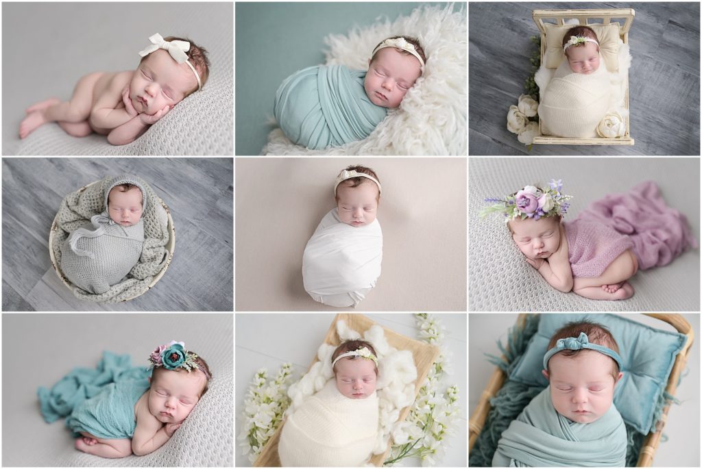 10 day old newborn baby girl was photographed by Cherilyn Haines at her studio in Baton Rouge, Louisiana. Her session was styled with light lavender, aqua, and neutrals. Cherilyn is a fine art maternity, newborn, and baby photographer in the Baton Rouge, Louisiana area.