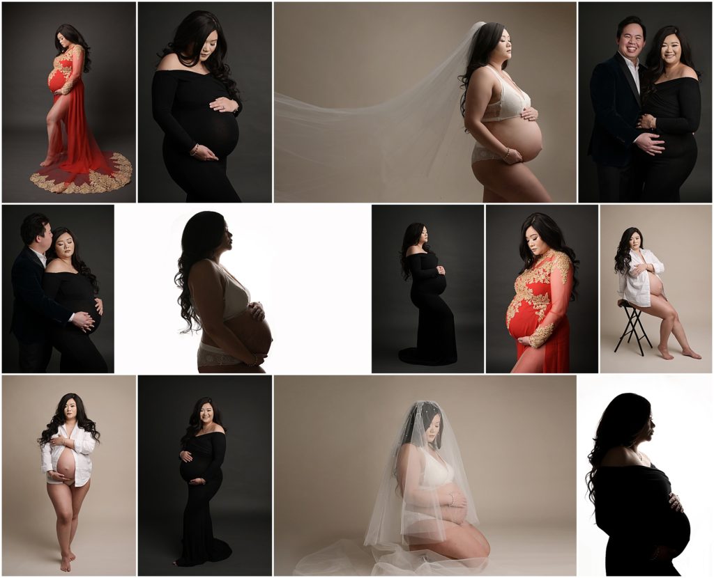 Fine Art Maternity portrait session in Baton Rouge, Louisiana with Cherilyn Haines Photography. Mama-to-be is photographed wearing a form fitting long sleeve black maternity gown and also a traditional red Chinese wedding dress that shows off her round belly. She is also photographed wearing a simple oversized white button down shirt that shows off her growing belly.