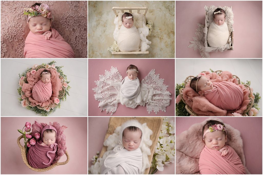 two week old newborn baby girl is photographed by cherilyn haines photography at her studio in baton rouge, louisiana. She is photographed sleeping while swaddled in pink and white wraps and florals or lace were incorporated into each of her setups. 