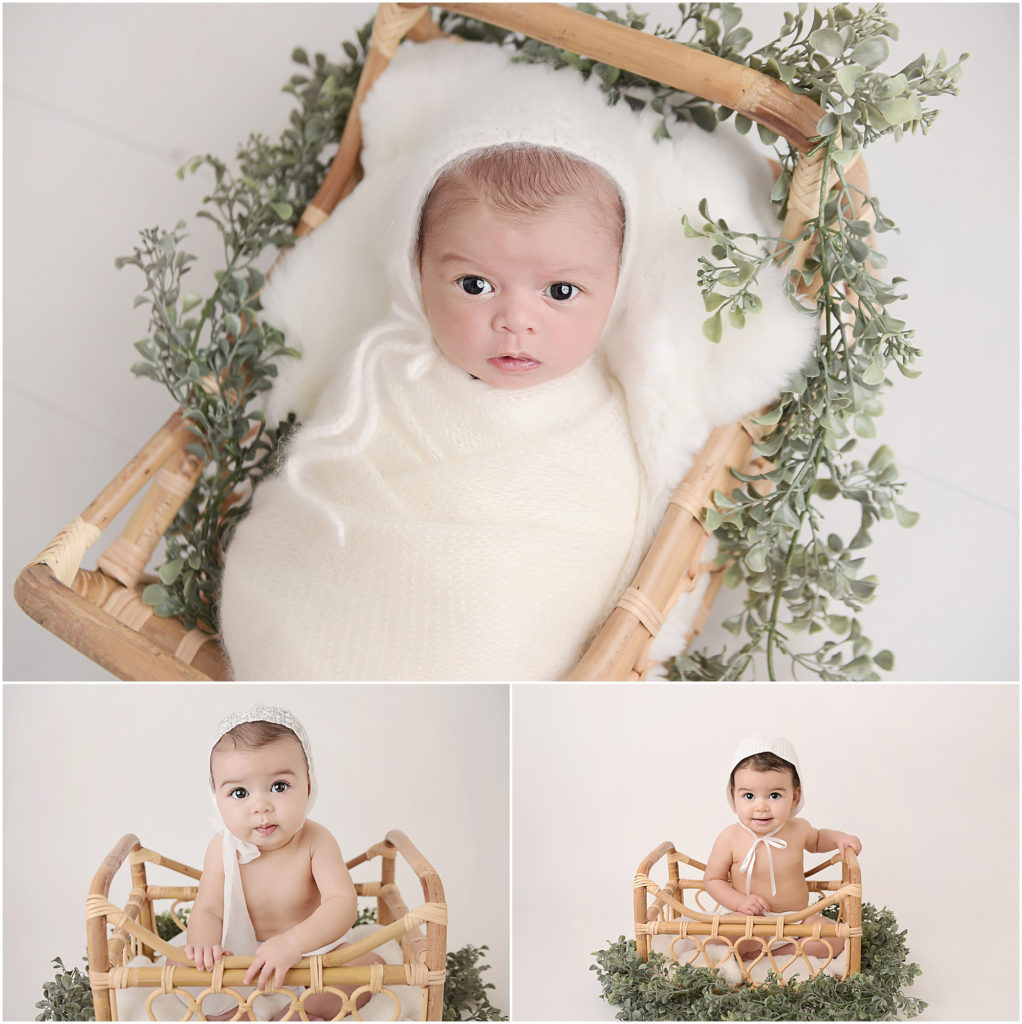 Progression pictures of a baby girl from newborn to 1 year. Cherilyn Haines Photography is a fine art maternity, newborn, and baby photographer who also offers a Baby's First Year Plan for clients in and around Baton Rouge, Denham Springs, Hammond, Metairie, New Orleans, Gonzales, Lake Charles, and Lafayette, LA.