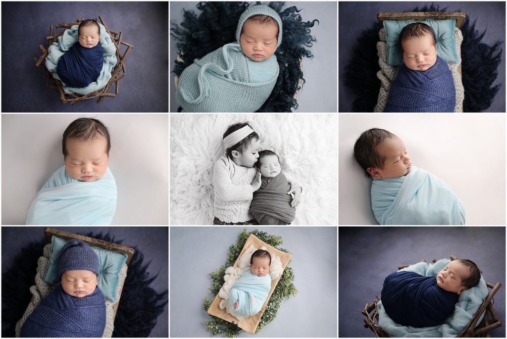 11 day old newborn baby boy is photographed sleeping in different props for his newborn session with Cherilyn Haines Photography. His big sister is photographed holding him while giving him a kiss on the cheek. This baby boy's session is photographed in different shades of blue - navy and aqua. 