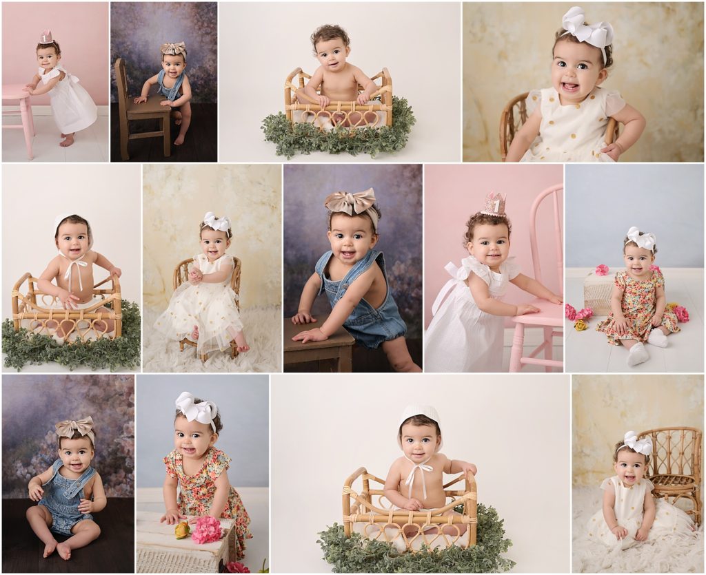 1 year old baby girl is photographed by Cherilyn Haines Photography at her studio in Baton Rouge. This client travelled from Lafayette, LA for her session and was photographed on a purple floral backdrop, and pink backdrop, and a classic white studio backdrop.