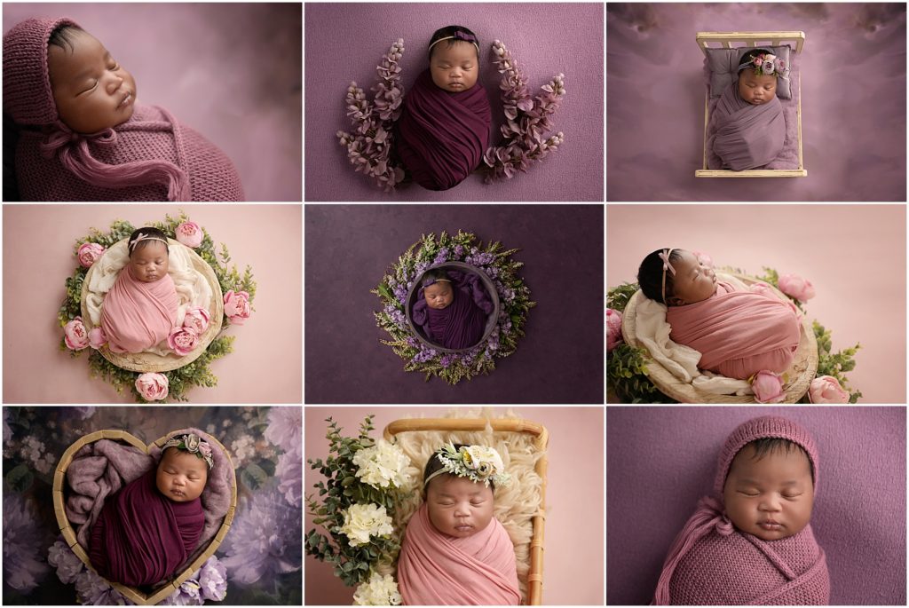 Two week old newborn baby girl is photographed swaddled in pink and purple swaddles. She has a floral themed session which incorporated pink, purple, and white flowers throughout her setups. Cherilyn photographs newborns and babies in the Baton Rouge, Louisiana and surrounding areas.