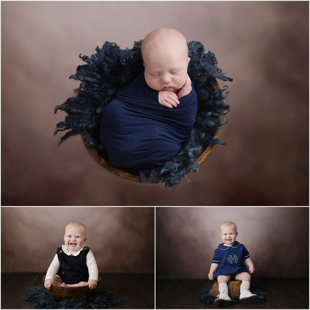 Baby progression shots photographed by Cherilyn Haines Photography. This baby is photographed using the same prop as a newborn, a 6 month old, and a 1 year old. Cherilyn Haines is a fine art maternity, newborn, and baby photographer who has clients in Baton Rouge, Denham Springs, Hammond, Lake Charles, Lafayette, and New Orleans, Louisiana.