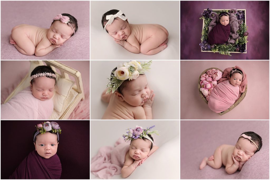 17 day old newborn baby girl is photographed at her newborn session with Cherilyn Haines in Baton Rouge, Louisiana. She is photographed sleeping posed on purple and white blankets and is photographed swaddled in purple and pink swaddles. She is also photographed in a wooden heart shaped bowl. Cherilyn photographs babies from Denham Springs, Hammond, Metairie, Gonzales, New Orleans, Lake Charles, Lafayette, and surrounding areas.