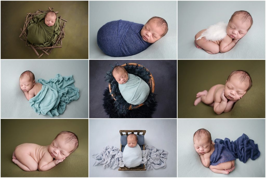 10 day old baby boy is photographed by Cherilyn Haines at her studio in Baton Rouge, Louisiana. He is photographed with a tiny pair of angel wings as a nod to his middle name. His newborn session is styled with shades of blues and greens. Cherilyn specializes in fine art maternity, newborn, and baby photography in the Baton Rouge and surrounding areas. 