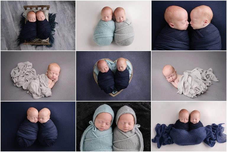 3 week old newborn twin boys are photographed by cherilyn haines photography at her studio in Baton Rouge, Louisiana. Their session is styled with blues and grays and they are photographed swaddled sleeping in props and a tiny doll bed. Cherilyn Haines is a fine art maternity, newborn, and baby photographer in the Baton Rouge and New Orleans, LA areas.
