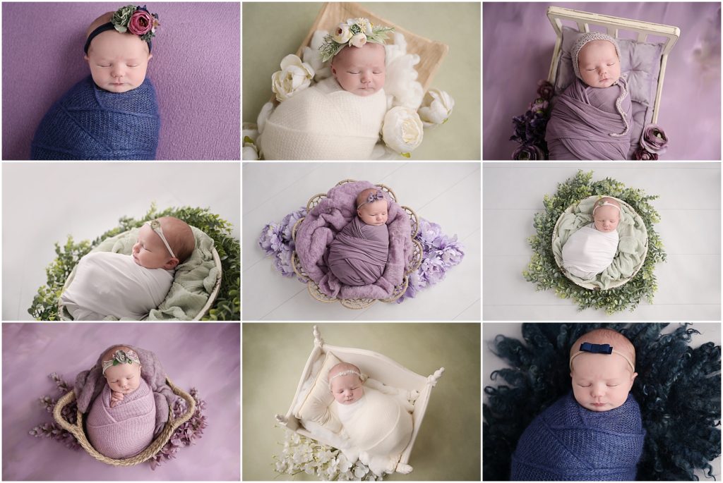 purple and navy themed newborn portrait session with Cherilyn Haines Photography. 7 day old newborn baby girl is photographed swaddled in blue, purple, and white swaddles and laying in props with floral accents