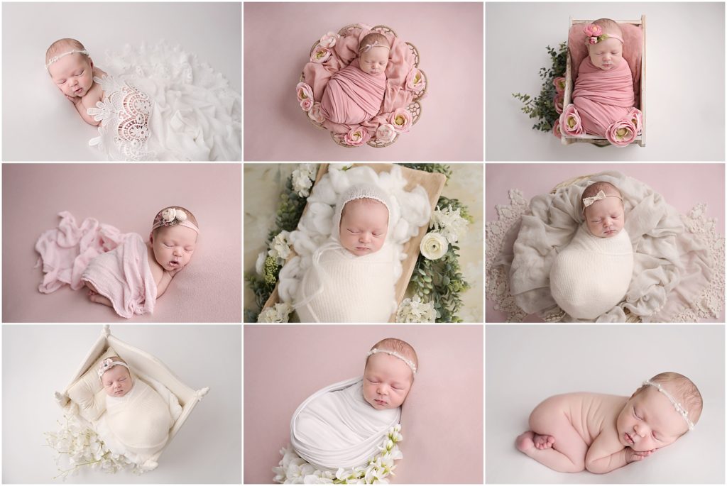 pink and white themed newborn portrait session in the Baton Rouge, Louisiana studio of Cherilyn Haines Photography.  This 9 day old baby girl is photographed posed sleeping on white and pink blankets and also swaddled in pink and white blankets. 