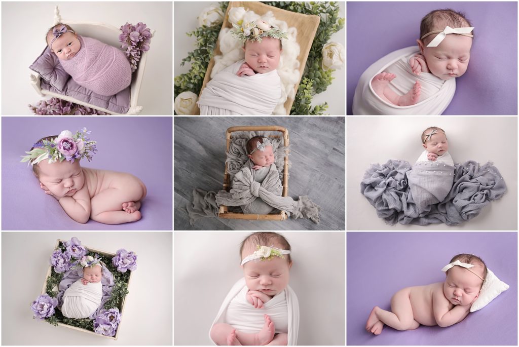 newborn baby girl is photographed at 5 days old by cherilyn haines photography at her studio in baton rouge, louisiana. This newborn session was styled with lavender, gray, and white and added floral accents. Cherilyn photographs maternity sessions, newborn session, and baby sessions at her studio.