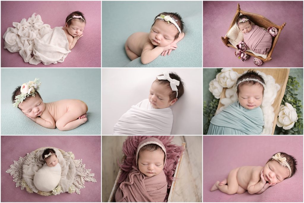 Cherilyn Haines photographed this two week old newborn baby girl at her studio in Baton Rouge, Louisiana. This newborn session was styled with rose pink and aqua blue and accented with flowers, lace, and bonnets. This baby girl was photographed posed sleeping on a pink blanket and a an aqua blanket. She was also photographed swaddled laying on a tiny antique doll bed.