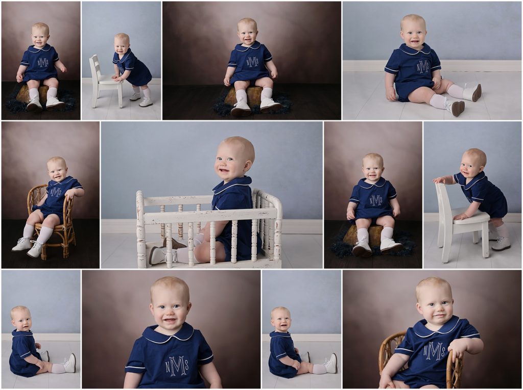 1 year old baby boy is photographed by cherilyn haines photography at her studio in baton rouge, louisiana. He is photographed in a navy blue bubble in front of a brown backdrop and a light blue backdrop.