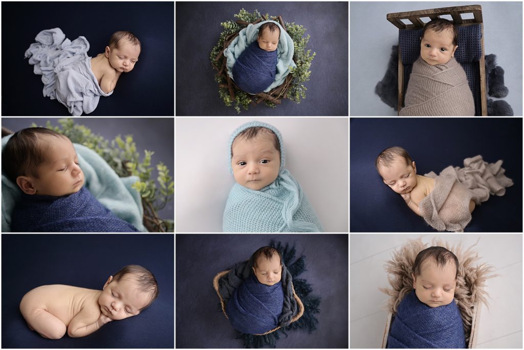 3 week old newborn baby boy is photographed at cherilyn haines photography's studio in baton rouge, louisiana. His newborn session is styled with shades of blues and he was photographed sleeping and awake swaddled. 